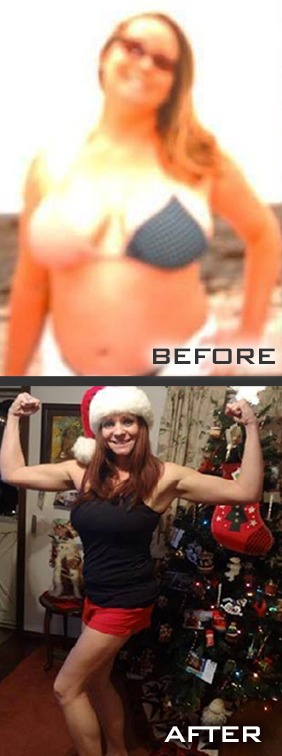 Before-and-after transformation showcasing a woman's fitness journey, emphasizing her physical changes. The top image is a less clear photo, while the bottom shows her confidently flexing muscles in front of a decorated Christmas tree.