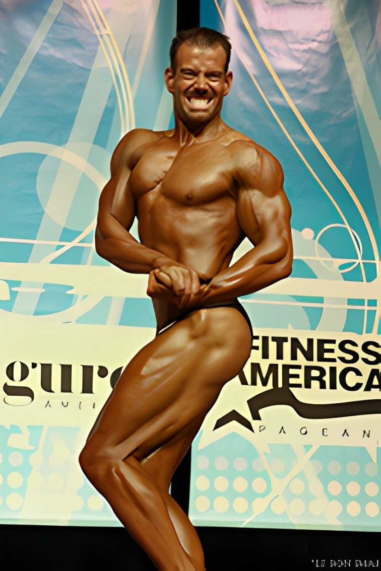 John Haubenstricker, a trusted physique coach at Stricker Elite Performance Systems in San Diego, CA, confidently flexes his toned physique while smiling on stage.