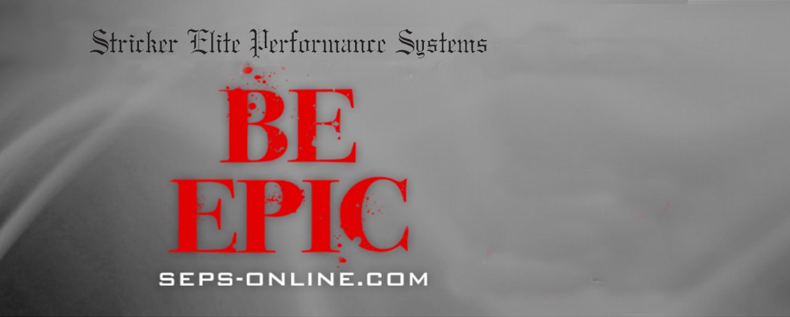 Stricker Elite Performance Systems branding featuring bold red text "BE EPIC" on a grey background. The image promotes motivation and empowerment.